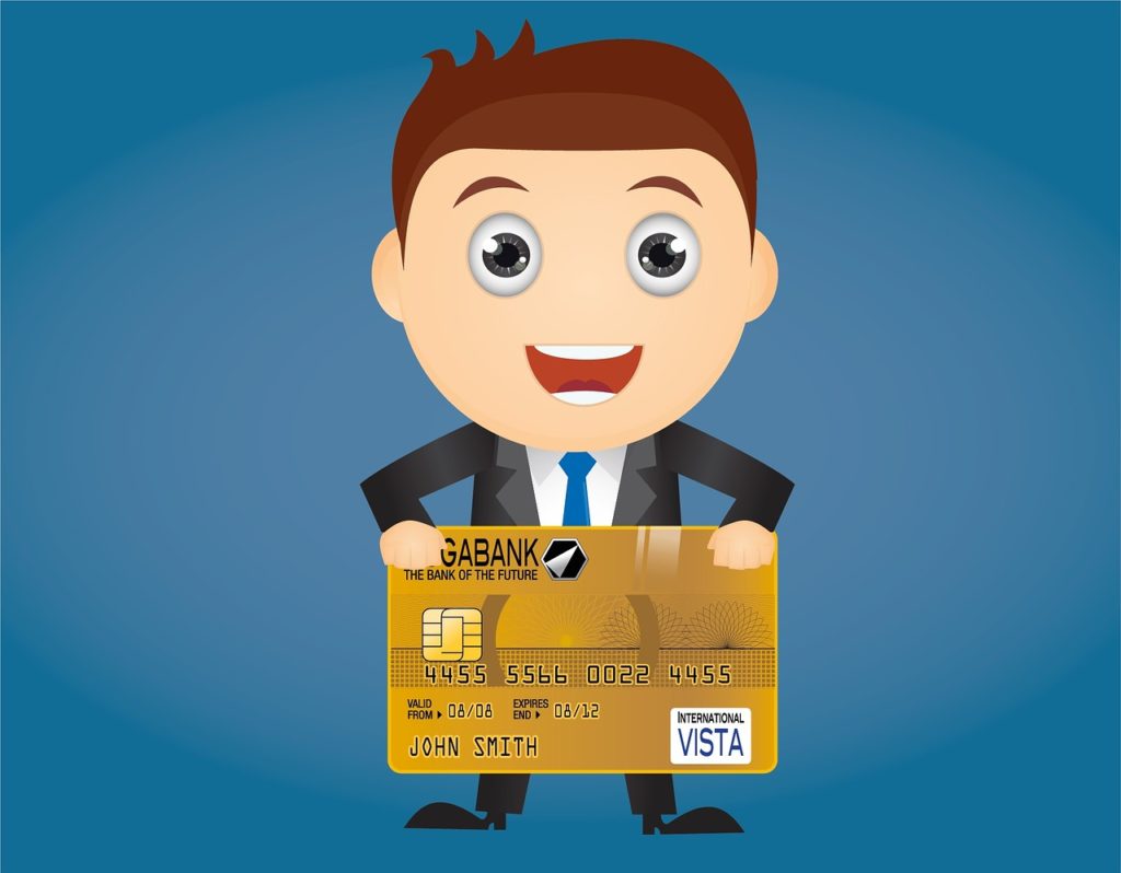Cartoon image of a man in a suite holding an oversized credit card