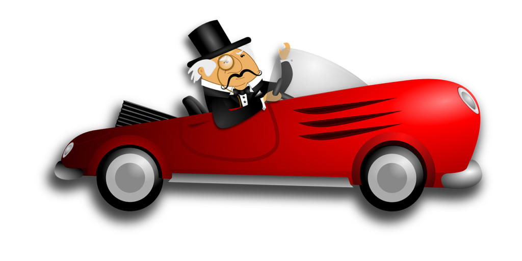 Cartoon image of a man with a monocle in a top hat and tux jacket  sitting in a red convertible sports car.