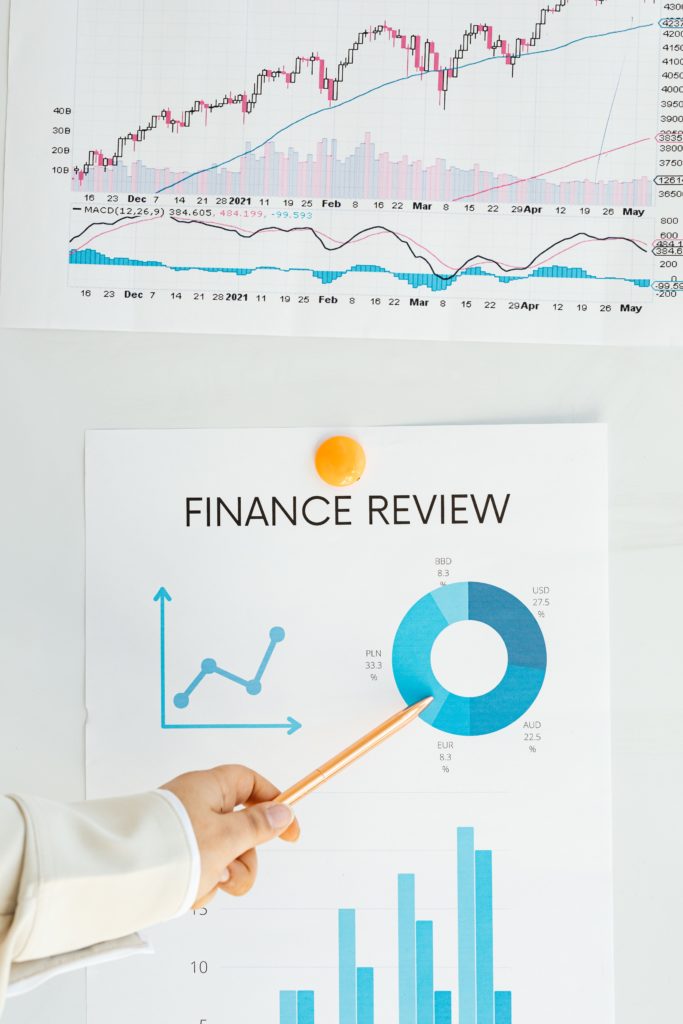 Image of a bar graph printed on a piece of paper hanging from a wall. Under is another paper with multiple charts and it is labeled Finance Review.  There is an arm dressed in a long sleeve shirt holding a pencil pointing to one of the graphs.