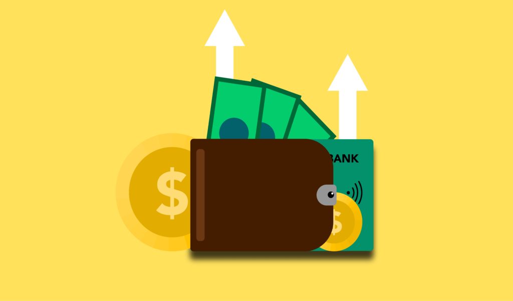 Picture of a bi fold wallet on a yellow background with a singe credit card and several dollar bills partially seen.  There are two white arrows above the dollars pointing upwards.