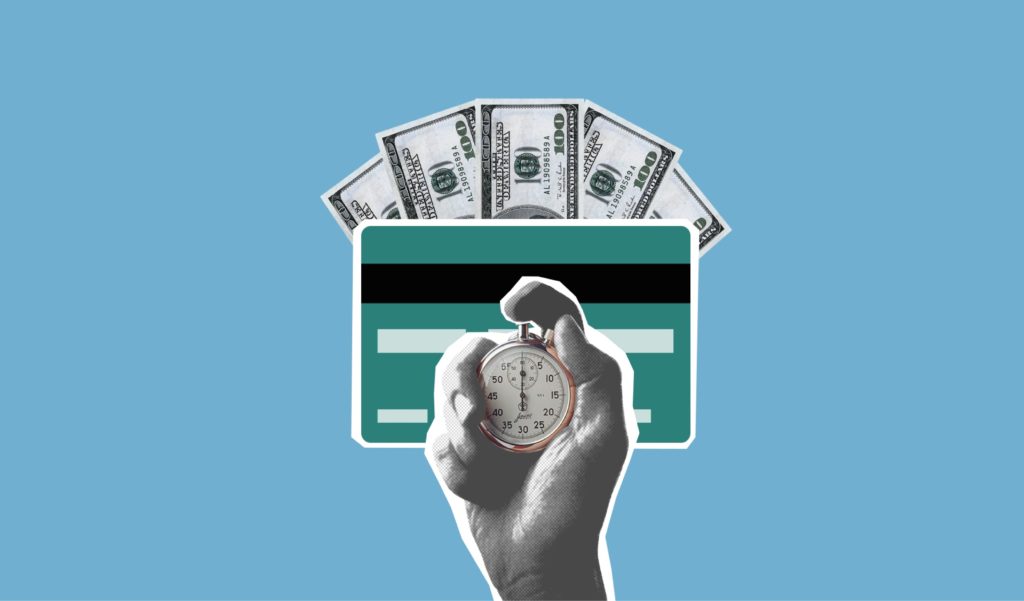 blue background showing a hand holding a stopwatch.  behind the hand is the back of a credit card.  behind the card are five hundred dollar bills spread on a fan
