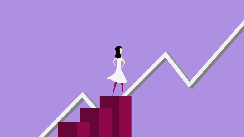 Cartoon image of a woman in a white dress standing on tip of a bar graph.  In the background, there is a line indicating an upward trend.