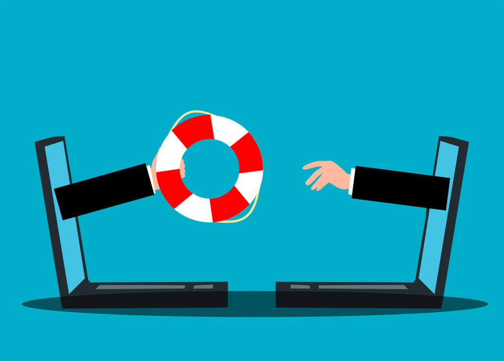 Image of a hand reaching out from a laptop screen passing a life preserver to another hand coming out of a laptop screen
