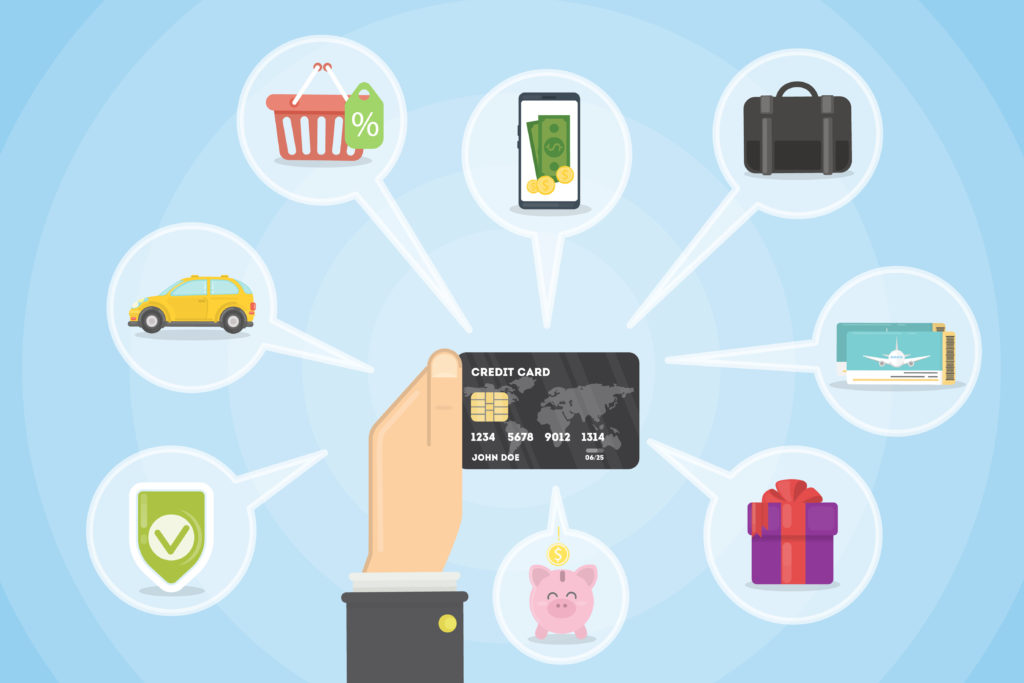 drawing of a hand holding a credit card surrounded by bubbles showing a car, grocery shipping basket, cell phone, suitcase, gift, and piggy bank