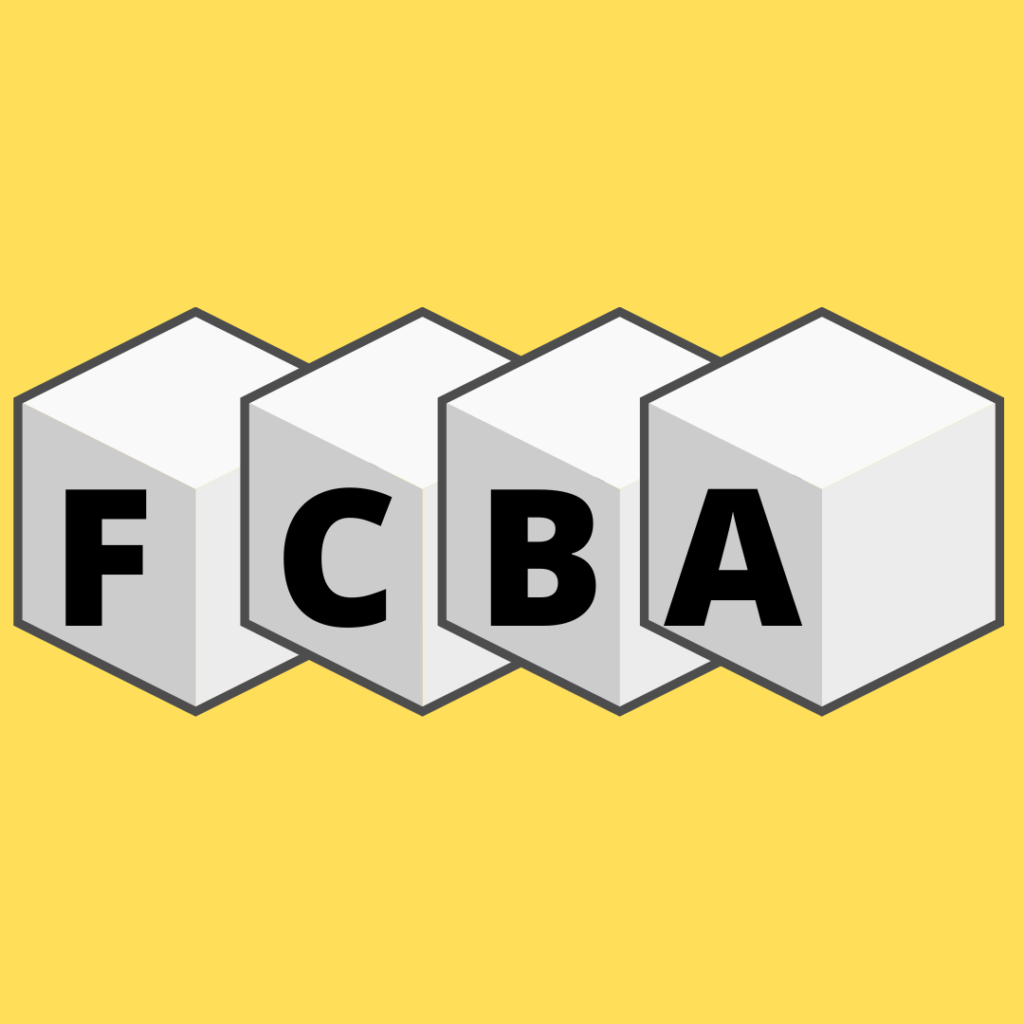 Yellow background with white blocks displaying the letters FCBA