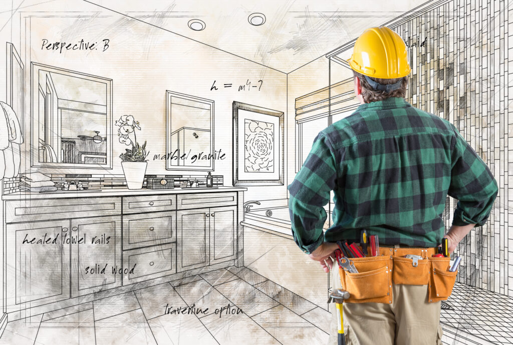 Contractor With Hard Hat and Tool Belt Facing black and white drawing of design plans for a bathroom
