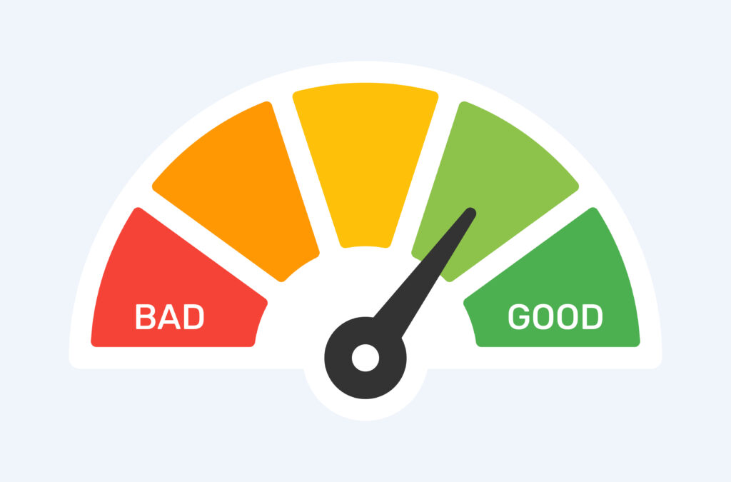 photo showing credit score speedometer ranging from bad to good.  