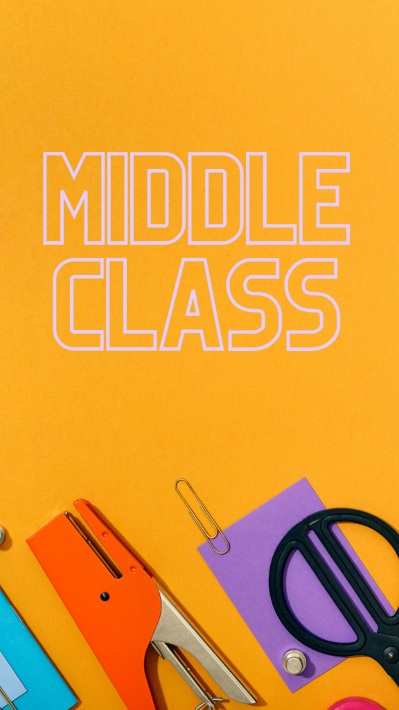 yellow background with the works middle class outlined in white.  At the bottom of the image there are scattered office supplies such as scissors, a stapler, paper clips, and sticky notes. 